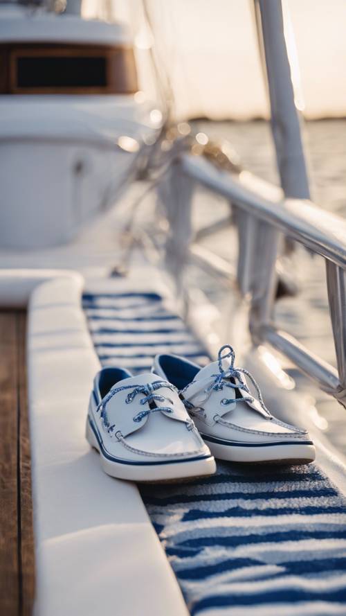 Um par de sapatos de barco azuis e brancos apoiados no convés de um iate, refletindo a moda formal.