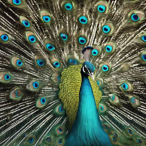 一只凶猛的蓝绿色孔雀在跳着雄伟的交配舞，羽毛蓬松。