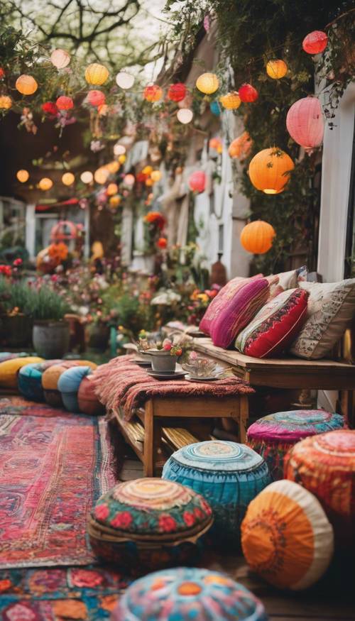 Un incantevole giardino primaverile decorato con lanterne boho, tappeti colorati e cuscini da pavimento.