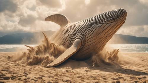 해안에서 솟아오르는 거대한 혹등고래를 형상화한 매혹적인 모래 조각품입니다.