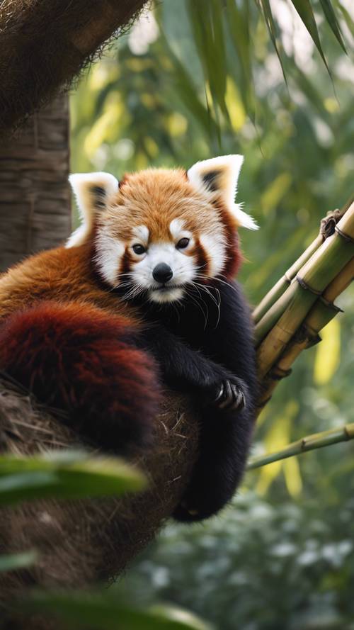 Un petit panda roux nouveau-né endormi dans un nid douillet en bambou.