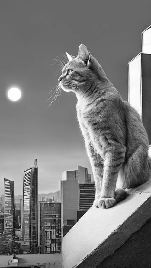 Un boceto en escala de grises de un gato ágil posado sobre una pared alta, frente a un horizonte urbano en el crepúsculo.