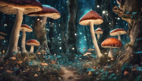 Một bức tranh tường siêu thực về một khu rừng dưới ánh trăng, tràn ngập nấm phát quang và các loài thực vật rực rỡ khác.