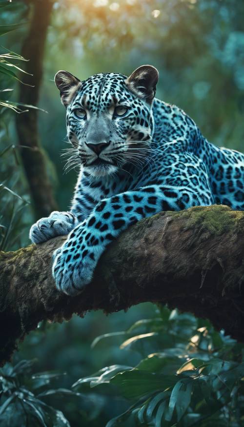 A fully grown Blue Leopard resting gracefully on a tree branch in the dense jungle at dusk.