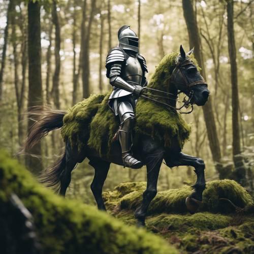 An armored knight riding on a spectral horse battling against a 20-feet tall moss-covered cyclops in dense woodland.