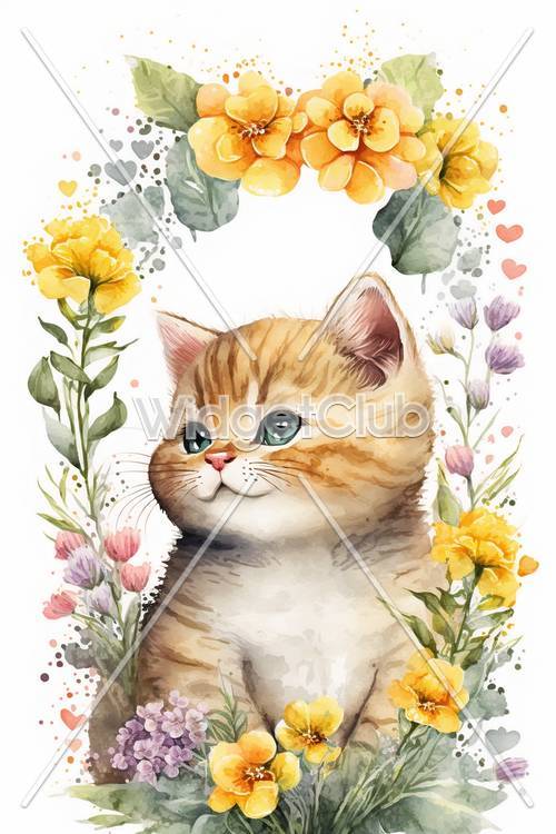Cute Kitten with Colorful Flowers
