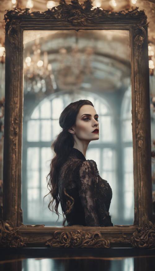 Uma elegante vampira olhando seu reflexo em um espelho antigo, com uma sensação de melancolia em seus olhos.