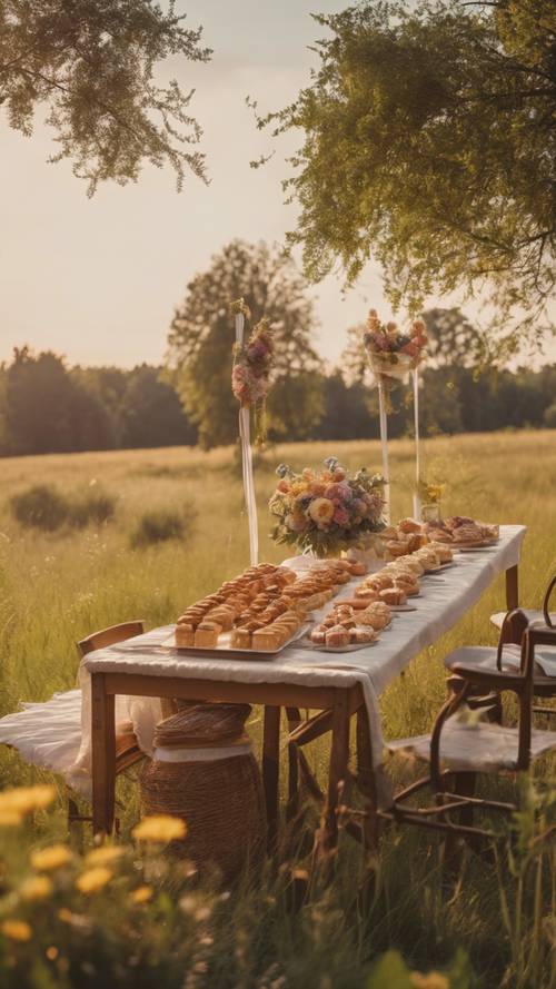 A rustic birthday party at sunset, happening in a meadow with bunches of wildflowers and a vintage wooden table filled with handcrafted pastries.