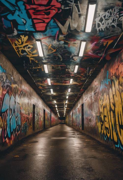 Un tunnel souterrain avec des peintures murales de graffitis éclairées par les phares intermittents des voitures qui passent, présentant un mélange éclectique de motifs de graffitis apparemment chaotiques et au thème sombre.