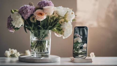 Серебристый iPhone 12 Pro рядом с красивой вазой со свежими цветами.