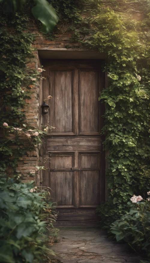 一扇古老的棕色木門通往一個秘密花園。