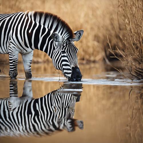 A pair of zebra's unique interaction mirrored on a still body of water's surface.