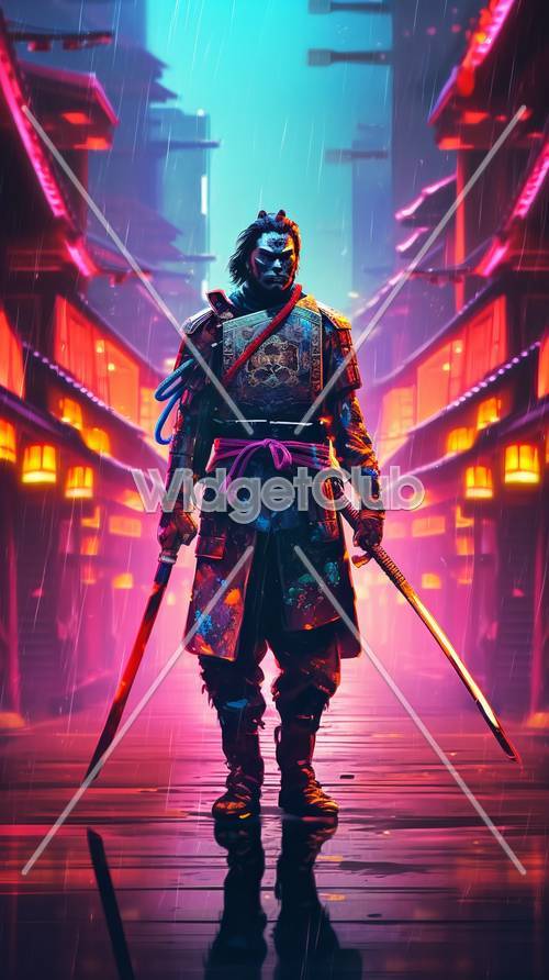 Neon-Samurai im Stadtbild