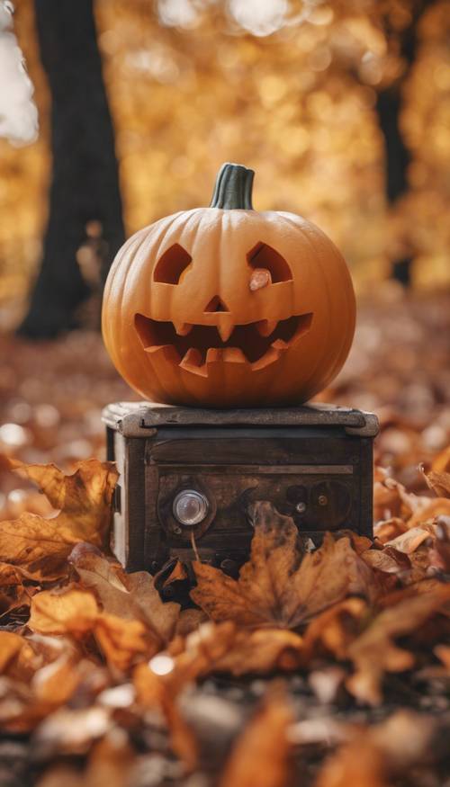 A kawaii pumpkin in an autumn-themed still life setting