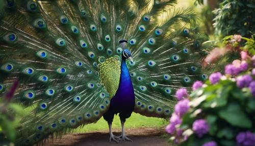 A pristine dark purple peacock displaying its glorious tail in a lush, green garden