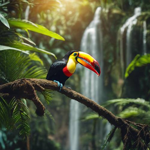 A vibrant toucan perched on a dense jungle tree against the backdrop of a cascading waterfall. Behang [a3f30bce061d44d5ac4d]
