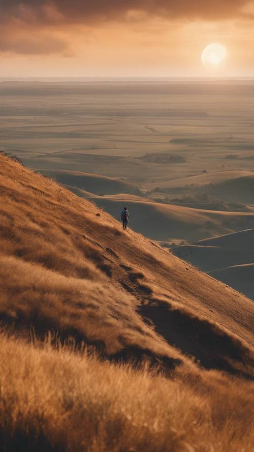 An adventurous hiker standing on top of a hill, admiring the sunset over vast plains below.