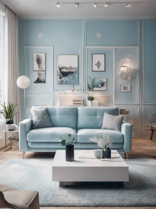 Salón moderno de mediados de siglo con paredes de color azul claro suave y muebles blancos