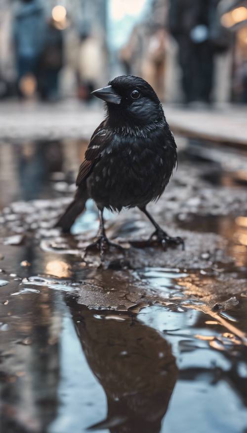 A black sparrow sipping water from a puddle on the street of a busy city.