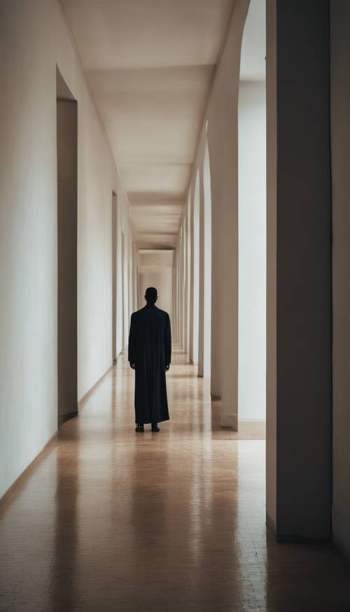 A tall, slender shadowy figure standing at the end of a long, empty hallway.