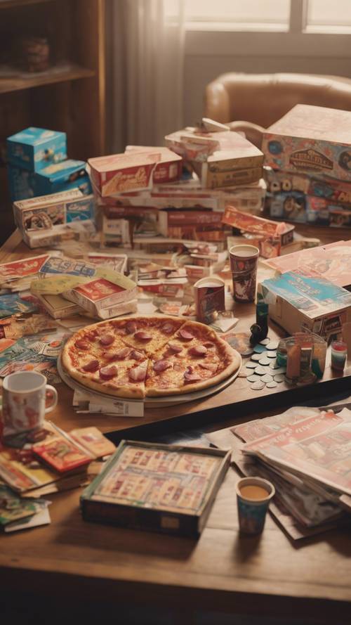 Una vivace serata di giochi in famiglia con scatole di pizza, tazze di soda, pile di giochi da tavolo e discussioni giocose.