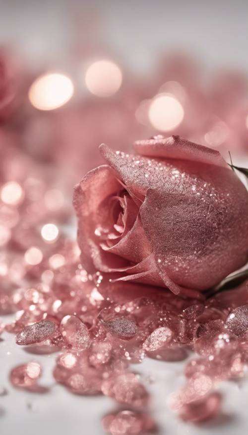 Vista de perto de brilhos cintilantes em tons de rosa espalhados em uma superfície branca.