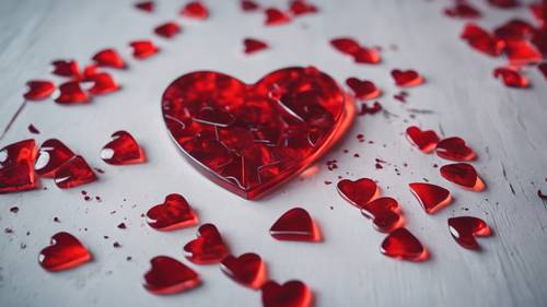 A broken heart symbol made of red glass pieces scattered on the floor.