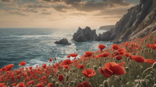 A seascape mural with red poppies growing along the jagged shoreline.