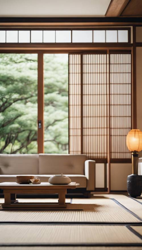 Una sala de estar moderna con tatamis japoneses tradicionales y puertas corredizas fusuma.