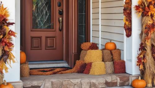 Decorare la porta d&#39;ingresso con mais indiano essiccato colorato, ghirlande di foglie autunnali e balle di fieno per un caloroso benvenuto in occasione del Ringraziamento.