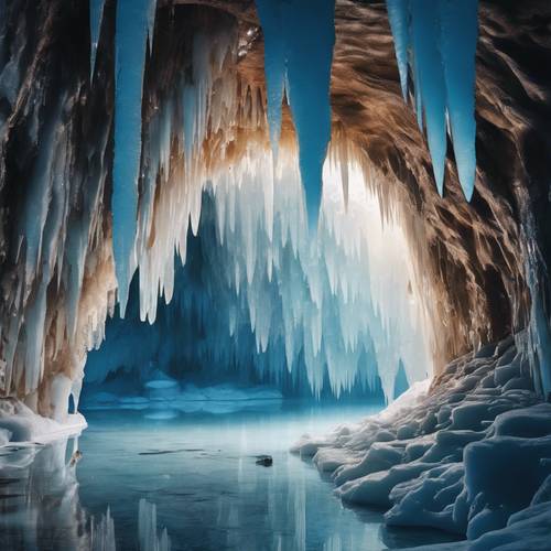 A massive cave in a glacial setting with stalactites formed of ice, reflecting the blue light.