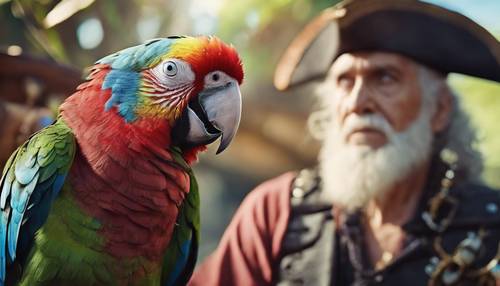Digital painting of a wise looking elderly parrot, perched on a pirate's shoulder.