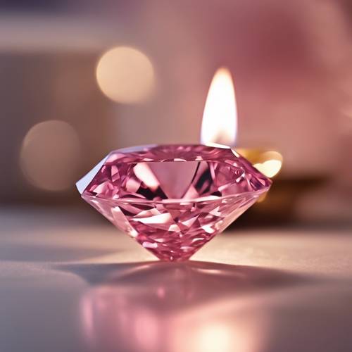 A mystic pink diamond next to a brilliant white diamond under the glow of a candle light.