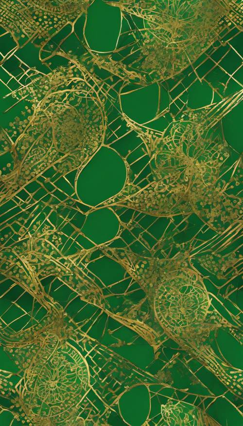 Intricate patterns in gold overlaid on a vibrant green background forming a captivating seamless display.