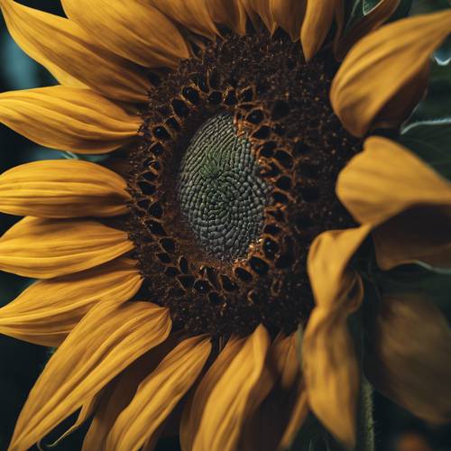 Eine Nahaufnahme der dunklen Mitte einer Sonnenblume, die das komplizierte Muster ihrer Samen zeigt.