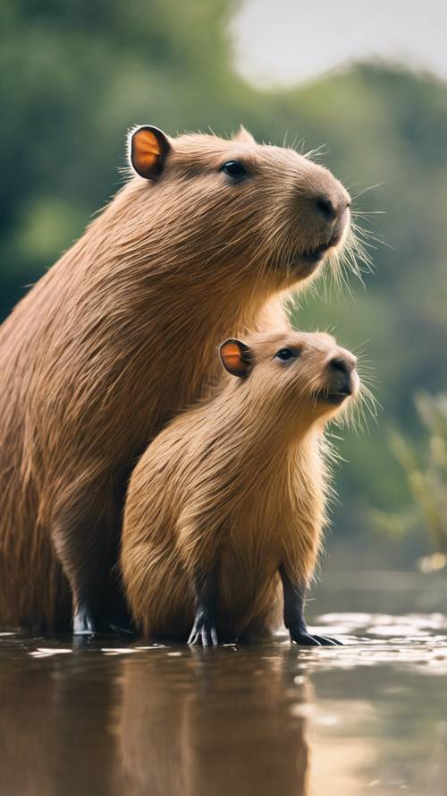 Zdjęcie przedstawiające głęboką więź między matką kapibary a jej nowo narodzonym dzieckiem.