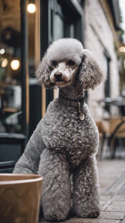 A light gray poodle sitting patiently outside a bustling cafe, awaiting its owner's return.