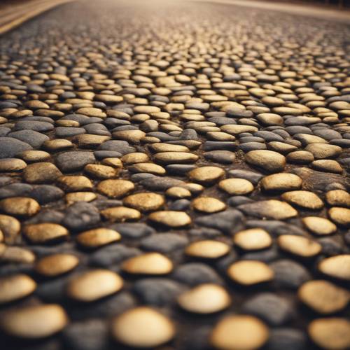 Una vista prospettica di una strada interamente pavimentata con ciottoli d&#39;oro. Sfondo [1c21543740bd4212b78b]