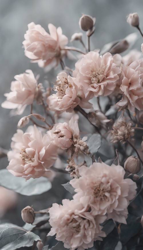 옅은 핑크색 꽃과 회색 잎이 어우러진 아름다운 꽃다발입니다.