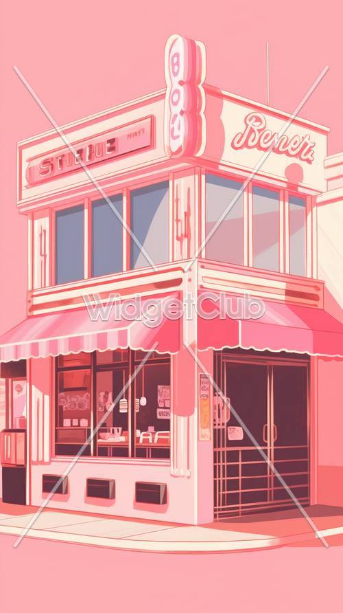 Arte de la tienda de la esquina del café rosa