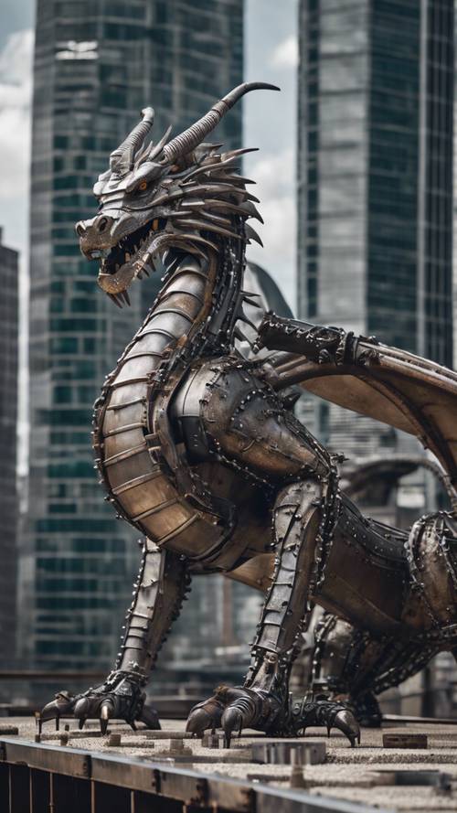 An industrial dragon made of riveted iron girders, nestled among steel skyscrapers.