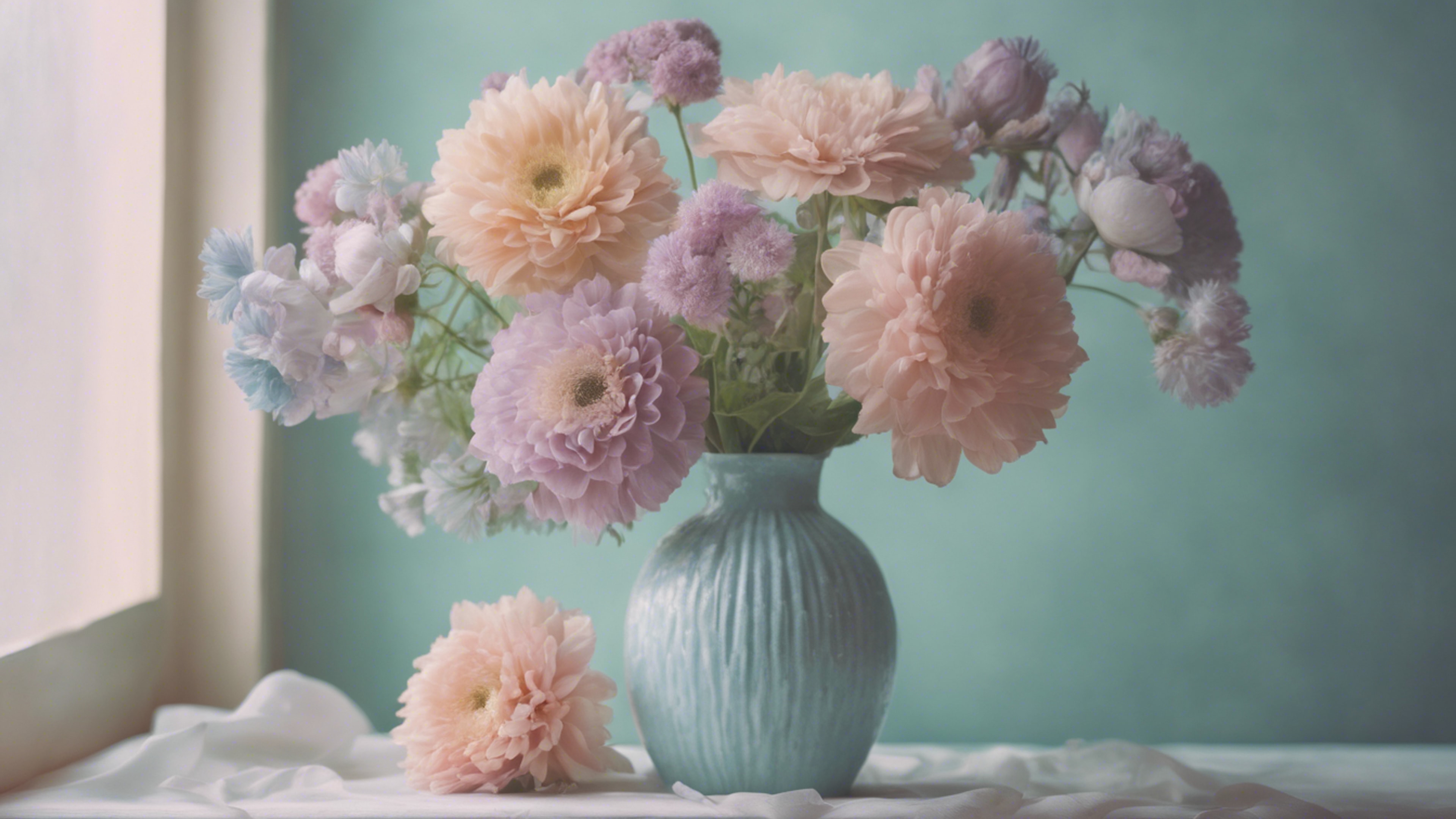 A pastel toned still-life painting featuring cool pastel colored flowers in a vase. Tapeet[6e1327f815a34bc2b32b]