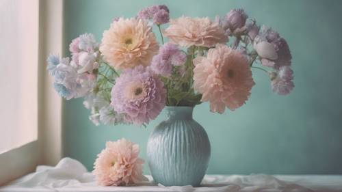 A pastel toned still-life painting featuring cool pastel colored flowers in a vase.