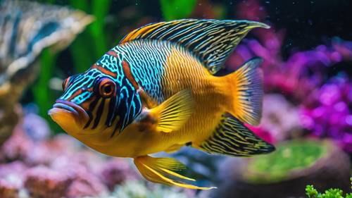 Уникальное произведение искусства, изображающее аквариум Belle Isle в Детройте, штат Мичиган, с множеством разноцветных рыб.