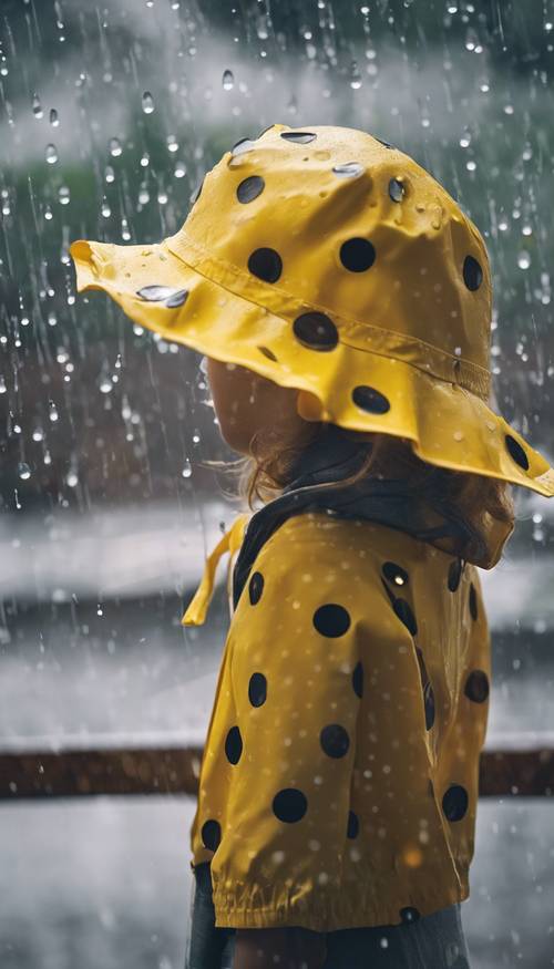 A close up image of a cute yellow poloka dot rain hat on a rainy day. Tapet [fbfe9d01483c44e58247]