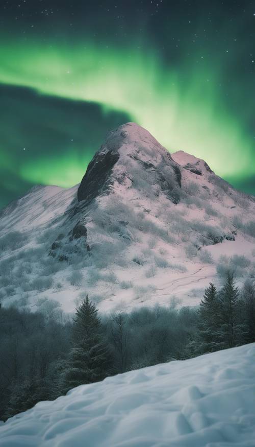 Un picco di montagna innevato sotto l&#39;aurora boreale verde salvia.