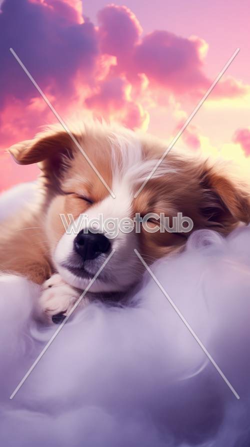 Спящий щенок в мечтательном облачном пейзаже
