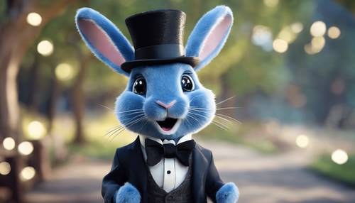 Un conejo azul estilo dibujos animados con un sombrero de copa y haciendo una broma.