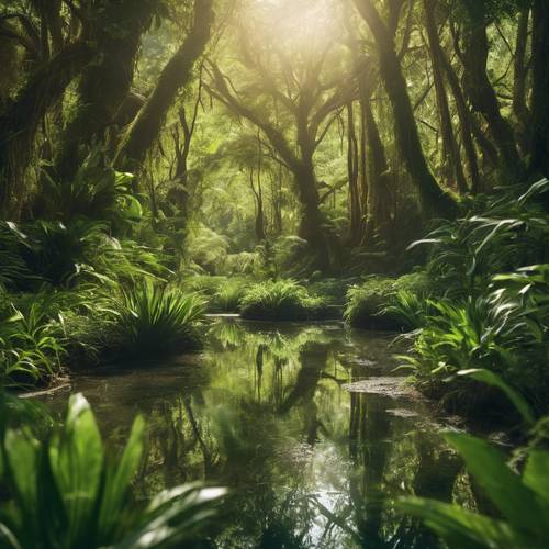 Ein friedlicher grüner Dschungel mit klaren Bächen und reflektierendem Sonnenlicht.