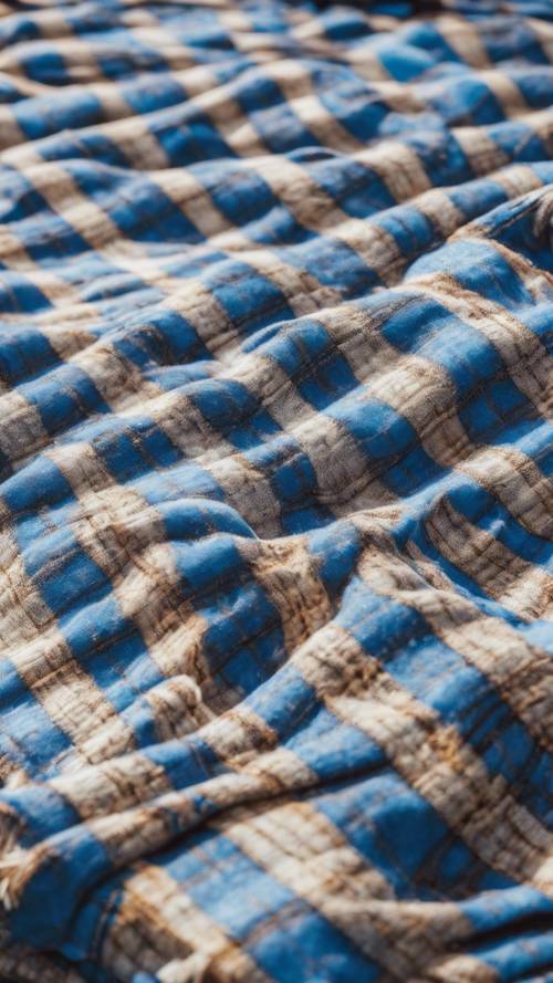 Güneşli bir parka yayılmış mavi kareli piknik battaniyeleri koleksiyonu.